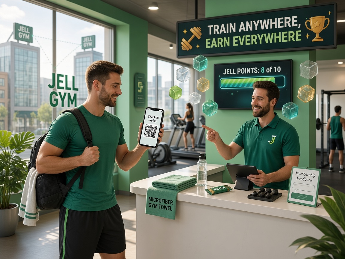 After Jellin: gym member checks in with QR and earns Jells across locations